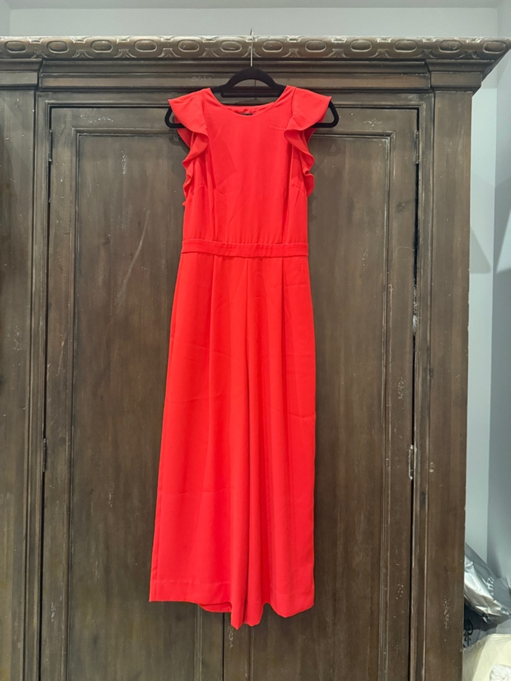 J. Crew Bright Red Wide-Leg Jumpsuit with Ruffle Shoulders